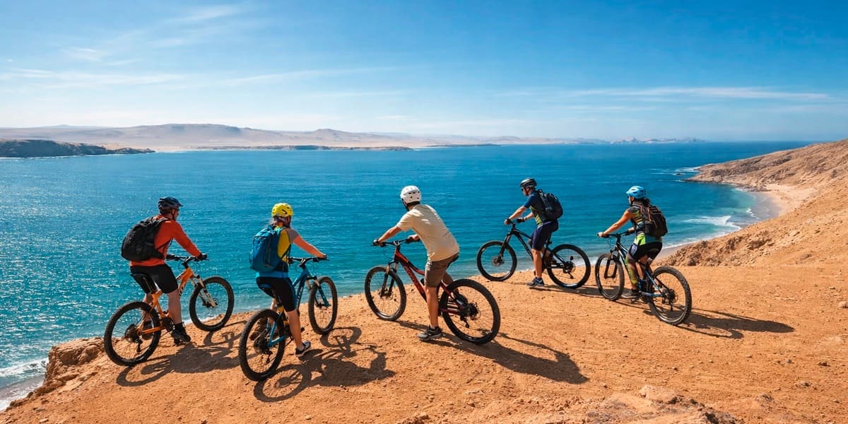 Panoramic view of Paracas National Reserve featuring dramatic coastal cliffs, Playa Roja beach, desert landscapes, and the Pacific Ocean in Peru.